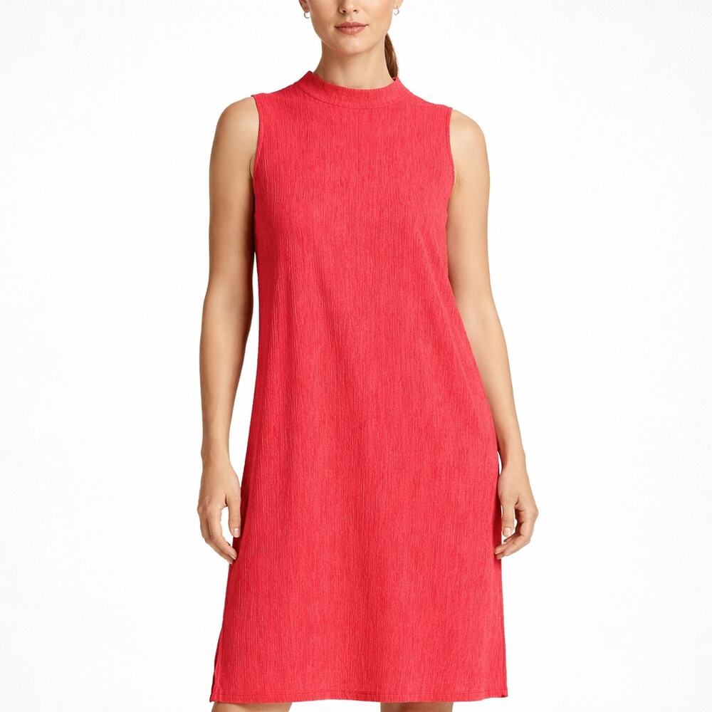 NEW Eileen Fisher Plisse Shift Dress Womens XL Red Moc Neck Sleeveless Pleated